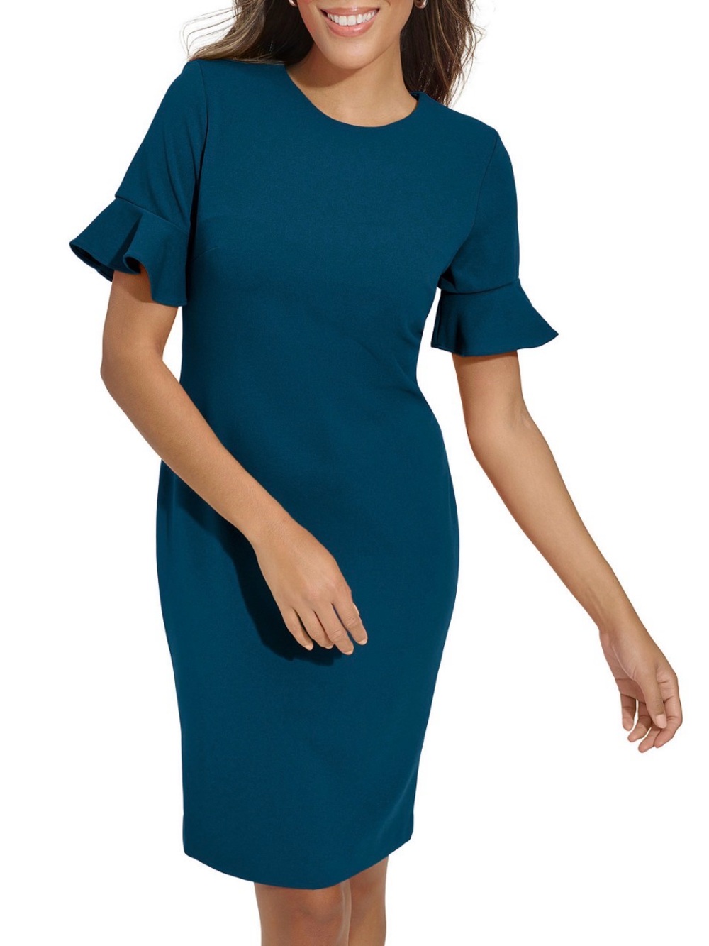 Calvin Klein Teal Ruffle-Sleeve Midi Sheath Dress